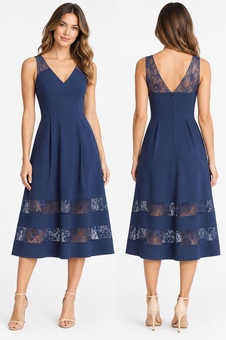 NWT Aidan Mattox Navy Crepe Lace V Neck Midi Cocktail Dress Size 4